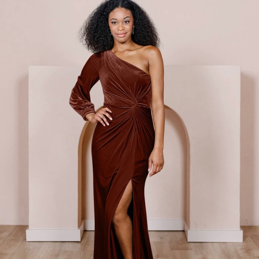 Revelry Terracotta Velvet Aurora Bridesmaid Dress